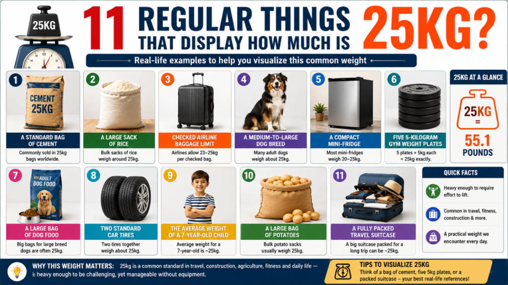Infographic showing 11 everyday things that weigh about 25kg, including a cement bag, suitcase, rice sack, gym plates, dog food bag, and mini fridge.