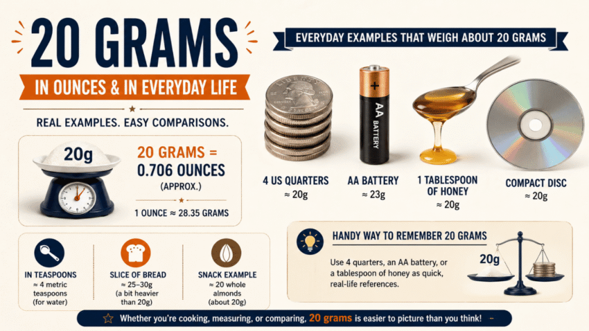 Feature image illustrating what 20 grams looks like with everyday objects such as an AA battery, four quarters, a tablespoon of honey, and a compact disc.