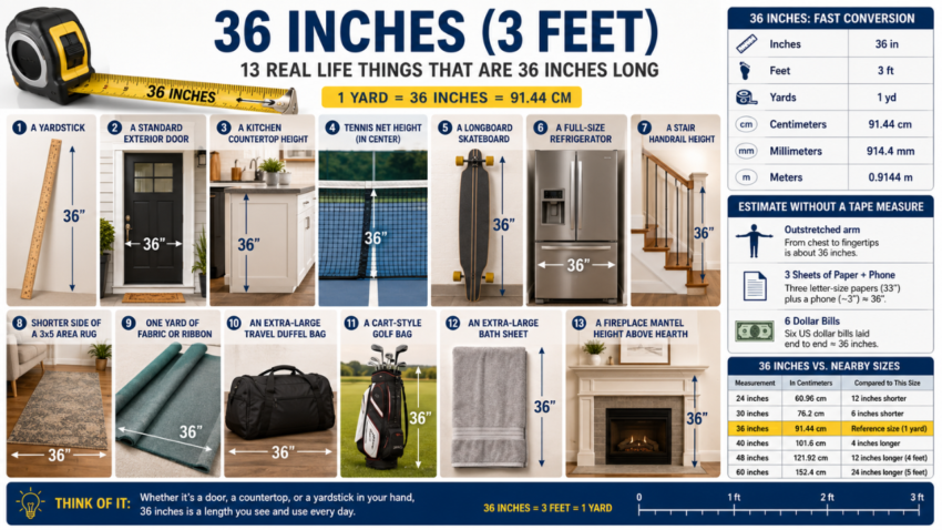 Infographic showing 13 real-life things that are 36 inches (3 feet) long, including a yardstick, front door, kitchen counter, refrigerator, longboard, tennis net, and conversion chart.
