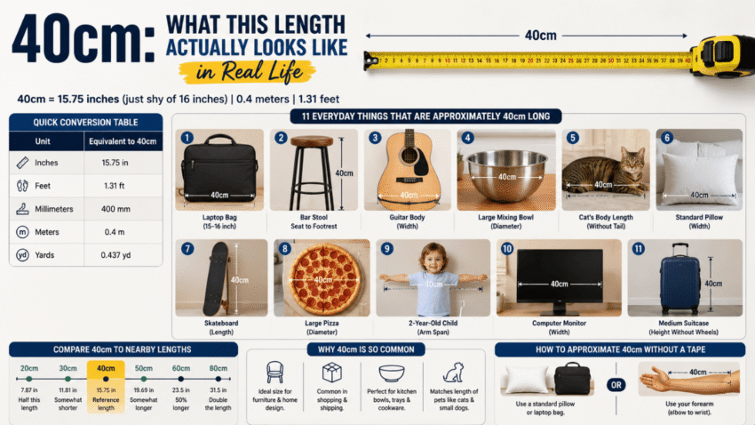 Infographic showing what 40cm looks like in real life, featuring everyday objects, measurement conversions, size comparisons, and practical visual references for easy understanding.