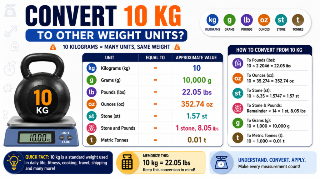Infographic showing how to convert 10 kg into pounds, grams, ounces, stone, and metric tonnes with a conversion chart and simple calculation formulas.
