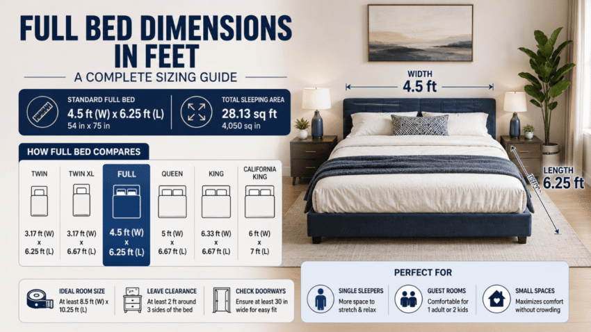 Full bed dimensions in feet infographic showing a standard full-size mattress (4.5 ft × 6.25 ft), size comparison with twin, queen, king, and California king beds, plus room planning tips.
