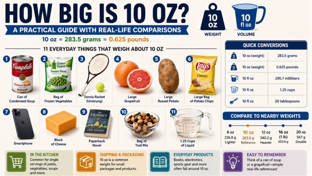 How Big Is 10 oz in Different Everyday Situations illustrated with common objects like a condensed soup can, frozen vegetables, a grapefruit, a paperback book, and a measuring cup to help visualize 10-ounce weight and volume.