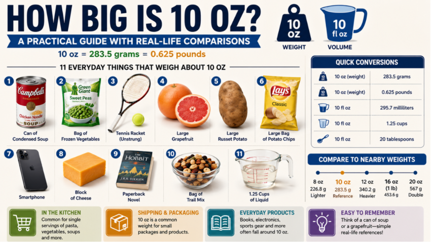 Infographic showing how big is 10 oz with real-life examples, weight conversions, and everyday items like a soup can, tennis racket, grapefruit, potato, smartphone, cheese, and trail mix.