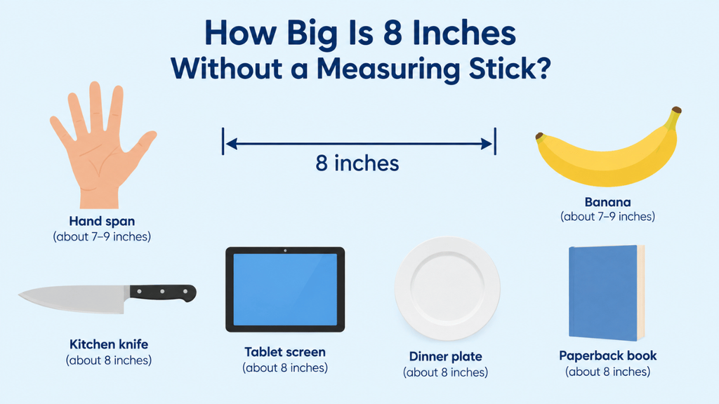 How big is 8 inches comparison using a hand span, banana, kitchen knife, tablet screen, dinner plate, and paperback book.