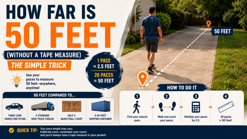 Infographic showing a simple way to estimate 50 feet without a tape measure using walking pace and everyday comparisons.