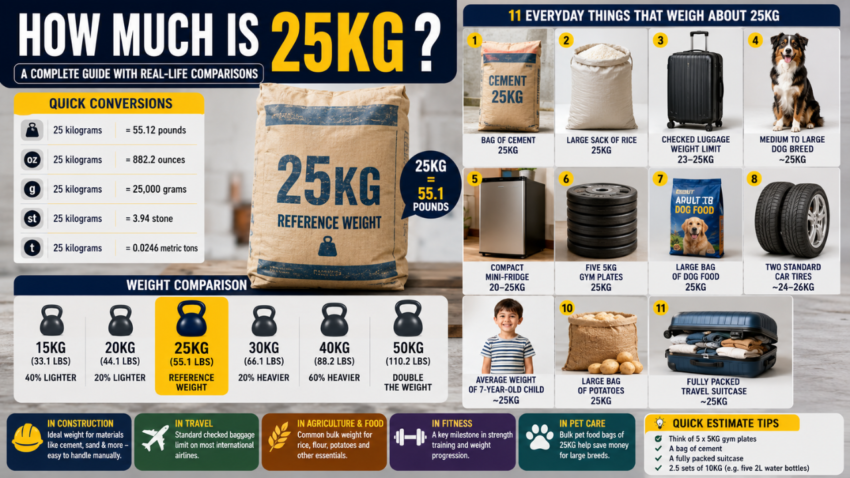 How Much Is 25kg infographic showing weight conversions, everyday objects that weigh around 25 kilograms, and practical real-life comparisons.