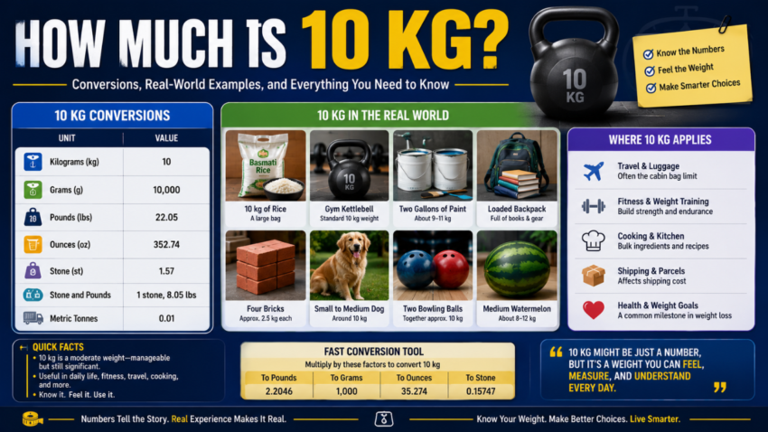 Illustration comparing how much is 10 kg with everyday objects, including a bag of rice, dumbbell, backpack, watermelon, and paint cans, alongside common weight conversions.