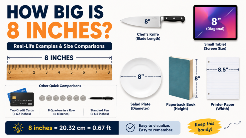 How big is 8 inches infographic showing real-life size comparisons with a ruler, chef's knife, tablet, salad plate, paperback book, printer paper, credit cards, and coins.