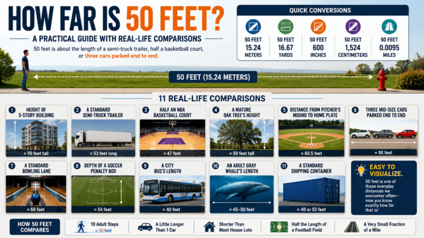 Infographic showing how far is 50 feet with real-life comparisons and quick unit conversions.
