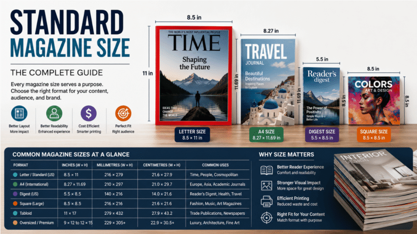 Standard magazine size comparison infographic showing Letter, A4, Digest, and Square magazine dimensions with size chart, measurements, and common uses.