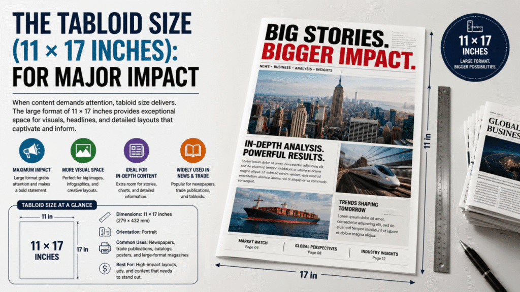 Infographic showing the 11 × 17-inch tabloid magazine size with dimensions, layout comparison, and examples of high-impact newspaper and publication designs.