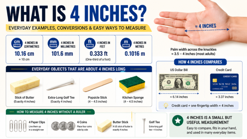 Infographic explaining what is 4 inches looks like with metric conversions, everyday objects, hand-size comparison, and simple ways to measure 4 inches without a ruler.