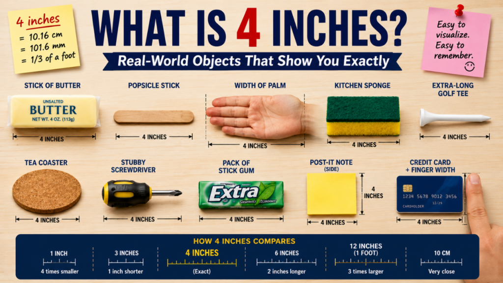 Infographic showing what is 4 inches using real-world objects, including a butter stick, popsicle stick, kitchen sponge, golf tee, coaster, Post-it note, gum pack, screwdriver, and palm width for easy size comparison.