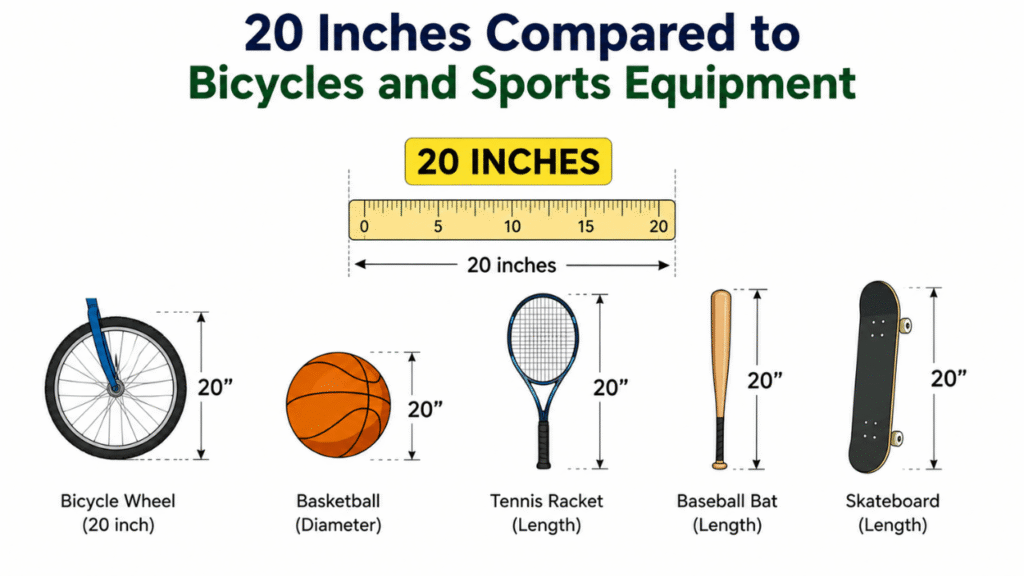 20-inch comparison with a bicycle wheel, basketball, tennis racket, baseball bat, and skateboard.