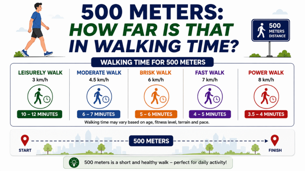 500-meter walking distance comparison showing estimated walking times for leisurely, moderate, brisk, fast, and power walking speeds.