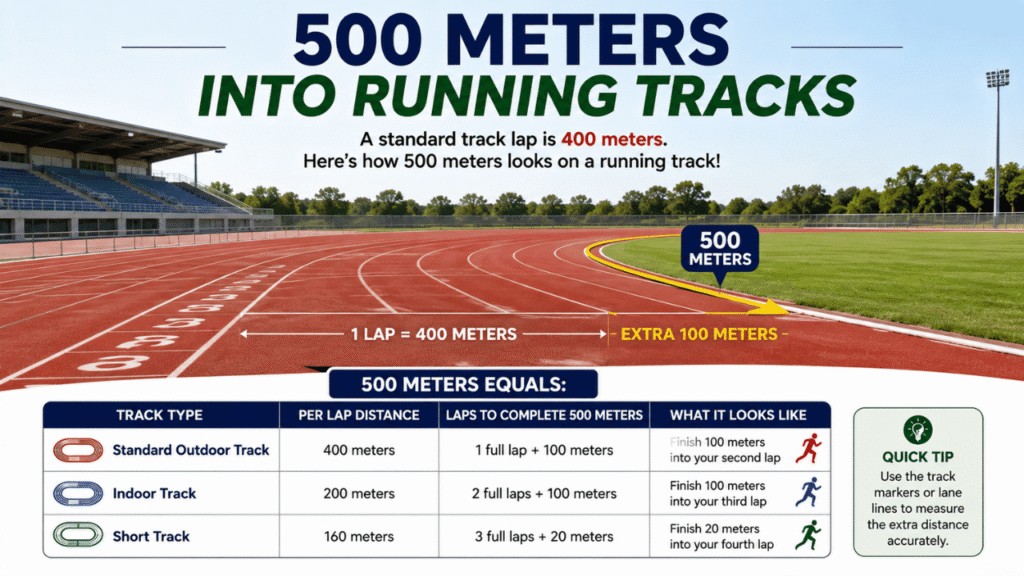 500-meter running track comparison showing the distance as 1.25 laps on a standard 400-meter track.