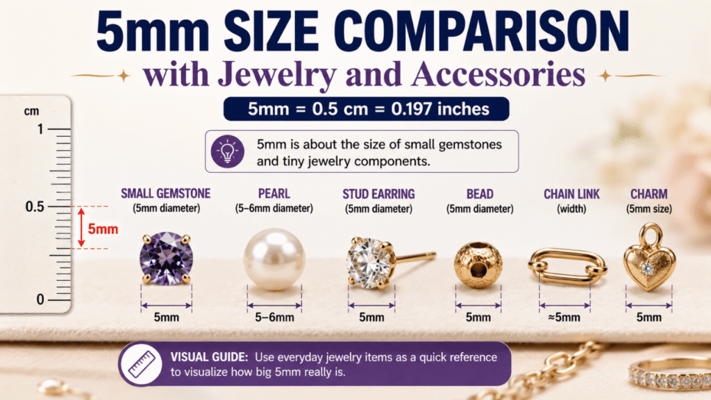 5mm size comparison with jewelry and accessories, including a gemstone, pearl, stud earring, bead, chain link, and charm.
