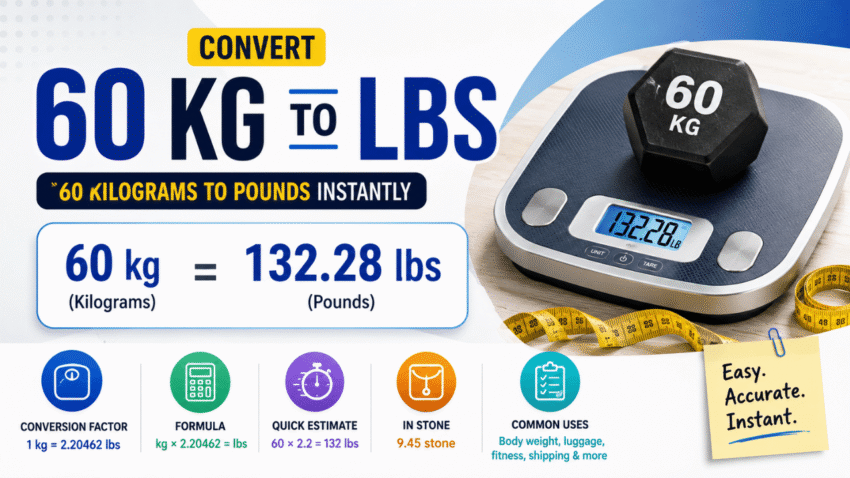 Feature image illustrating the 60 kg to lbs conversion with a digital scale showing 132.28 pounds, conversion formula, and quick weight comparison guide.