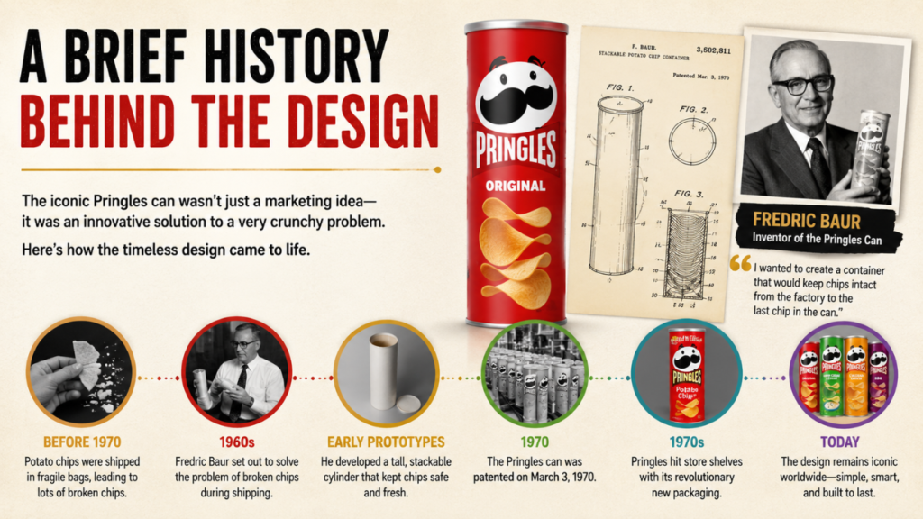 Infographic showing the history of the Pringles can design from its 1970 invention to the iconic cylindrical packaging used today.