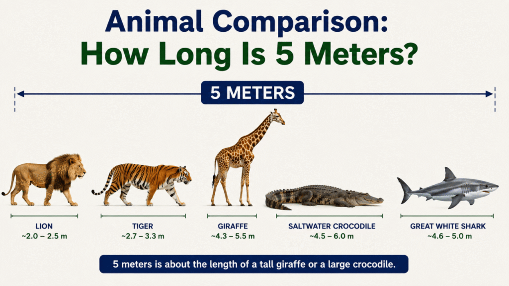 5-meter length comparison with a lion, tiger, giraffe, saltwater crocodile, and great white shark.