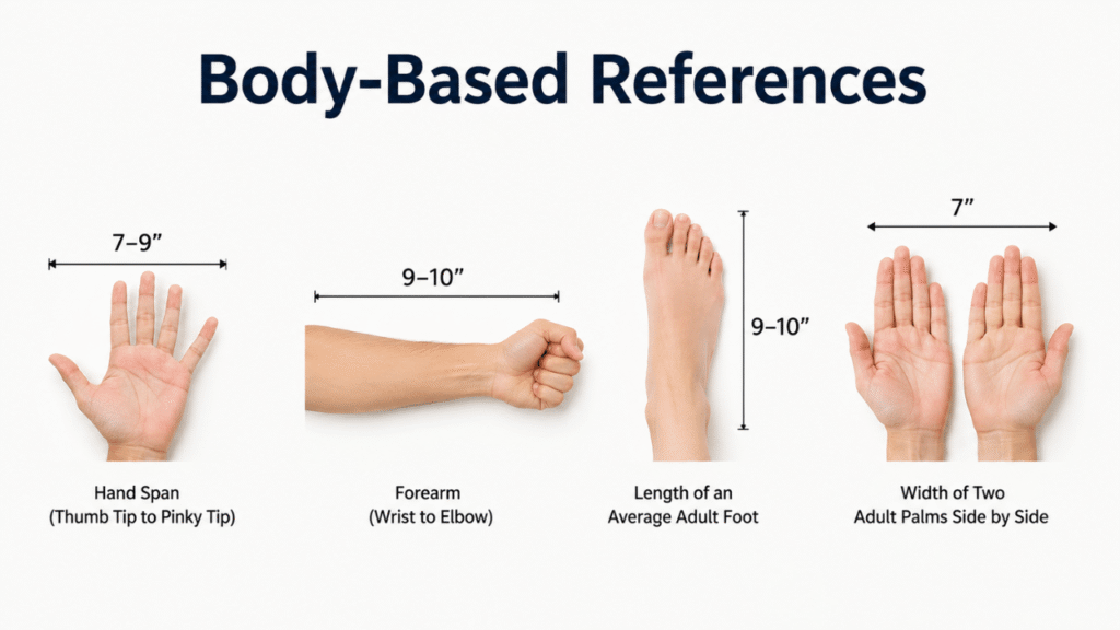 Body-based references for estimating 7 inches using an adult hand span, forearm, foot length, and two palms side by side.