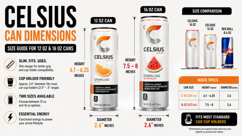 Feature image showing Celsius can dimensions with 12 oz and 16 oz cans, including height, diameter, size comparison, and cup holder compatibility in an easy-to-read infographic.