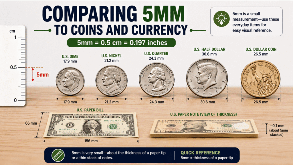 5mm size comparison with U.S. coins and currency, showing a ruler, coins, and paper bills for scale.