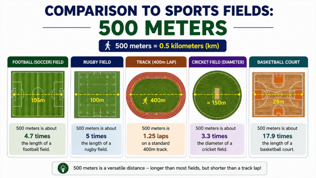 500-meter comparison with a soccer field, rugby field, 400-meter running track, cricket field, and basketball court.