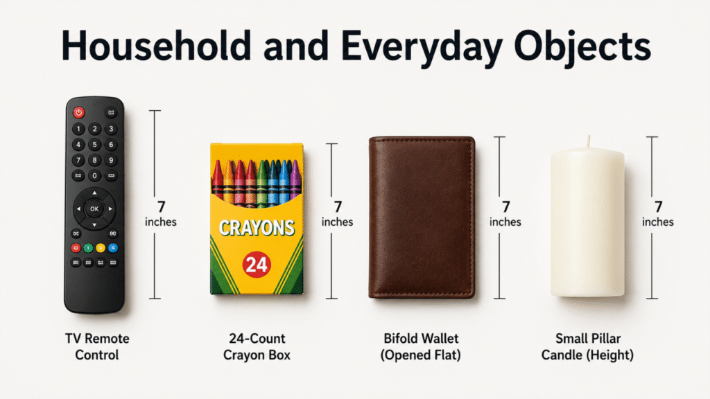 Household and everyday objects that are about 7 inches long, including a TV remote, crayon box, bifold wallet, and small pillar candle.