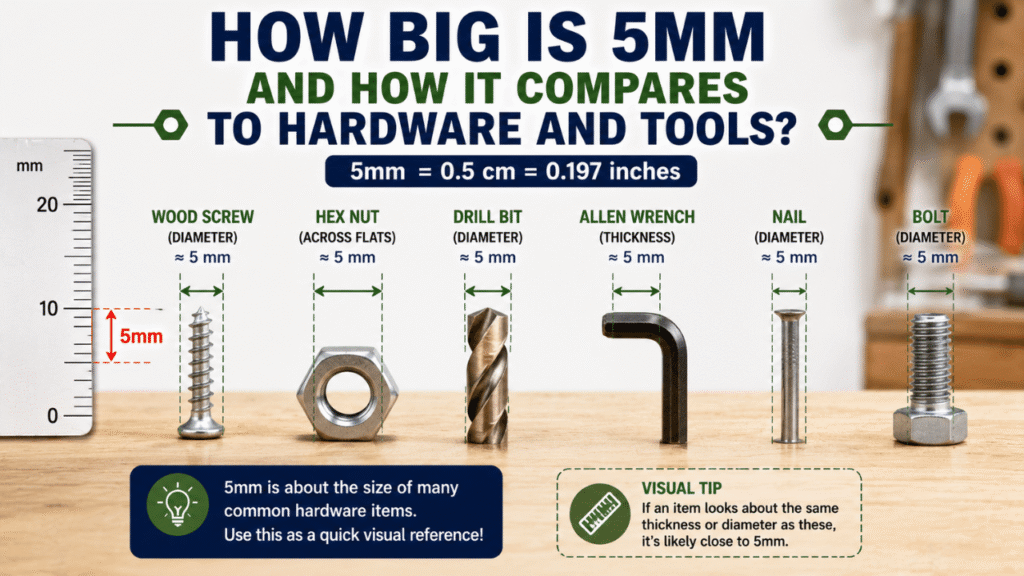 5mm size comparison with hardware and tools, including a screw, hex nut, drill bit, Allen wrench, nail, and bolt.
