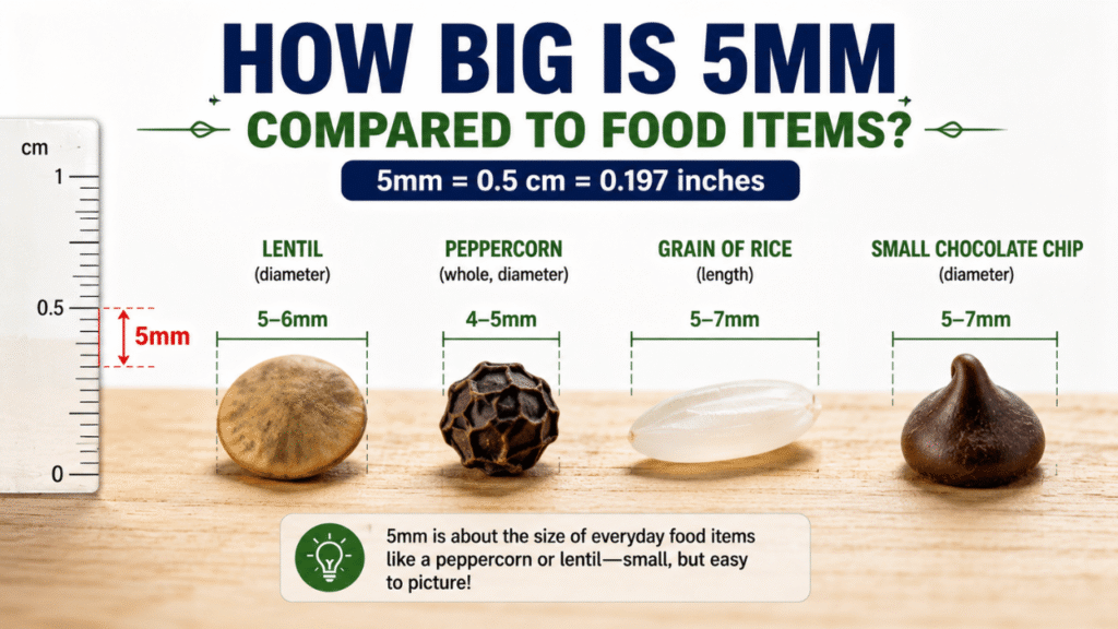 How big is 5mm compared to food items, including a lentil, peppercorn, rice grain, and small chocolate chip.