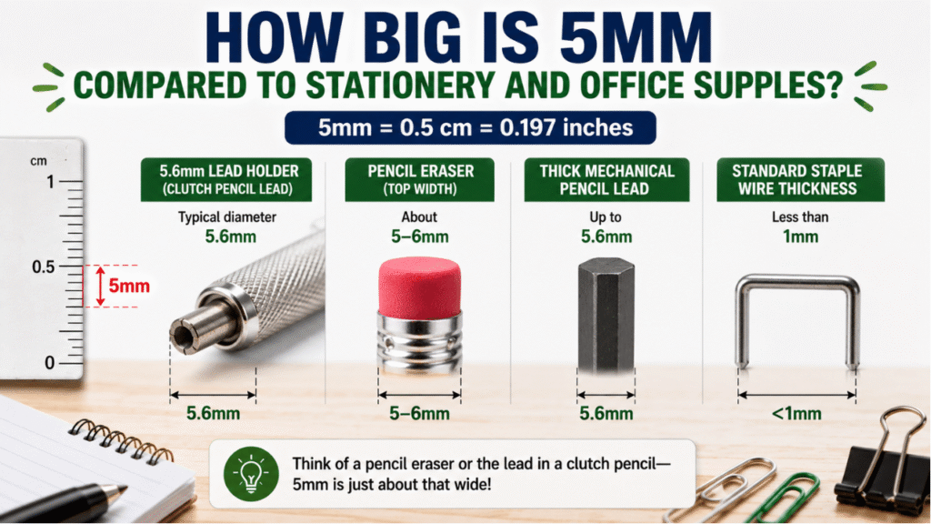 How big is 5mm compared to stationery and office supplies, including pencil lead, an eraser, and a staple.
