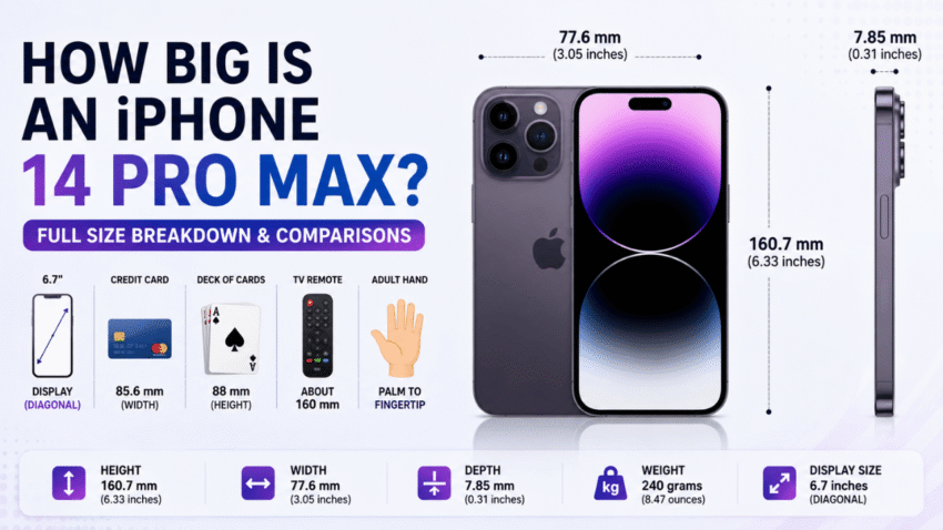 How big is a iPhone 14 Pro Max? Infographic showing the iPhone 14 Pro Max dimensions, 6.7-inch display, 160.7 mm height, 77.6 mm width, thickness, weight, and everyday size comparisons.