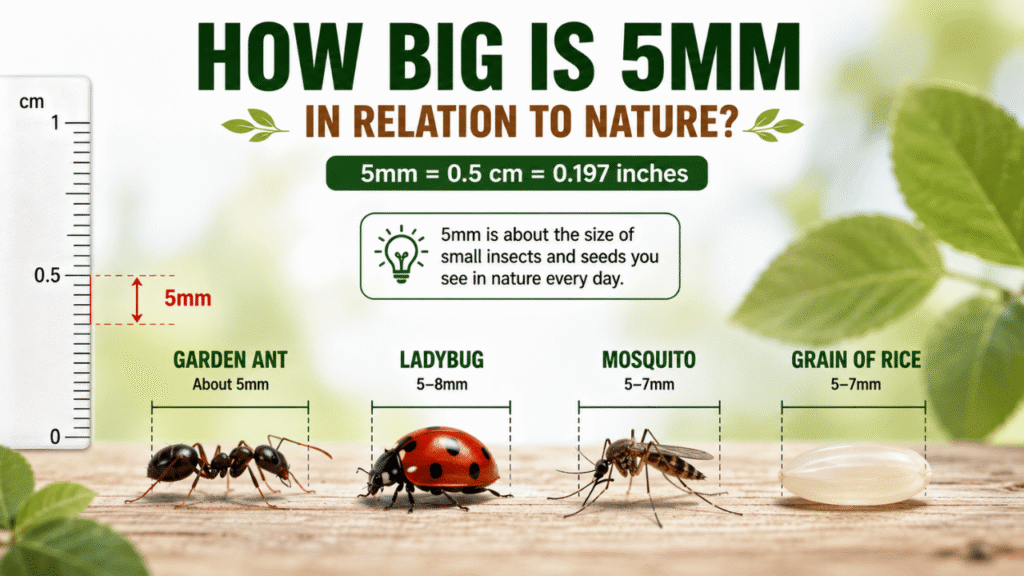 How big is 5mm compared with nature, featuring a garden ant, ladybug, mosquito, and grain of rice.