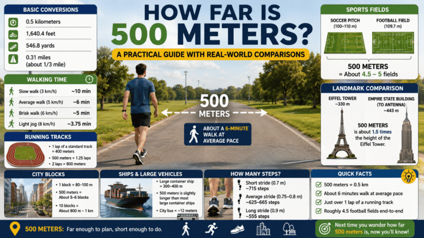 How far is 500 meters infographic showing walking time, track laps, sports fields, city blocks, landmarks, and step comparisons.
