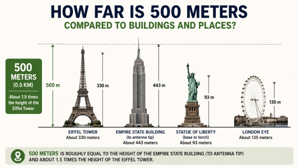 How far is 500 meters compared to buildings and landmarks, including the Eiffel Tower, Empire State Building, Statue of Liberty, and London Eye.