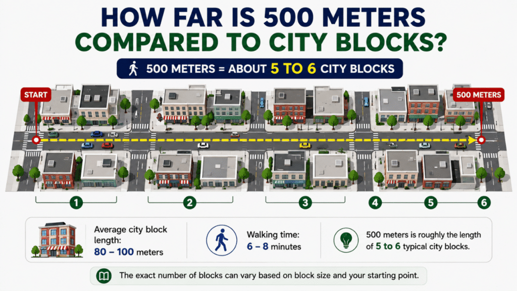 500-meter city block comparison showing a walking route spanning about five to six typical city blocks.