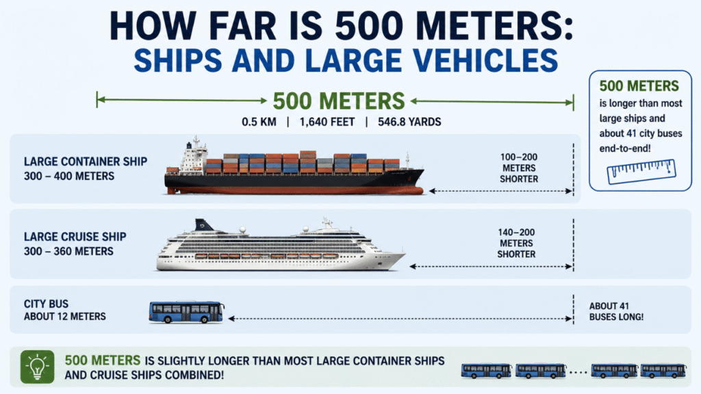 How far is 500 meters compared with ships and large vehicles, showing a 500-meter distance alongside container ships, cruise ships, and a city bus.