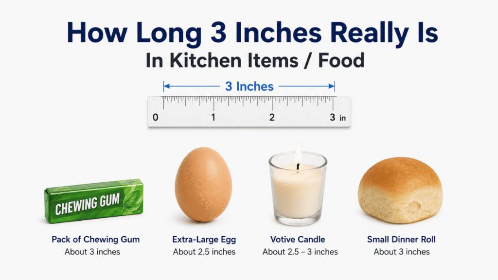 How long is 3 inches? Kitchen and food size comparison with chewing gum, an egg, votive candle, dinner roll, and ruler