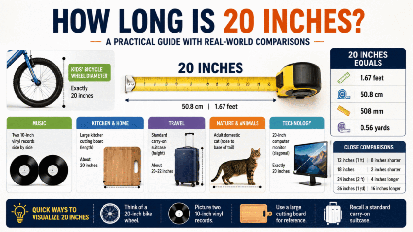 How long is 20 inches infographic showing real-world size comparisons, including a bicycle wheel, vinyl records, cutting board, carry-on suitcase, cat, and computer monitor.