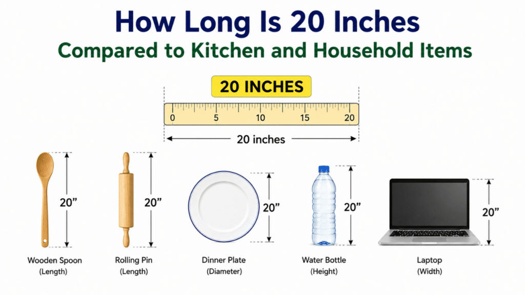 20-inch comparison with common kitchen and household items, including a wooden spoon, rolling pin, dinner plate, water bottle, and laptop.