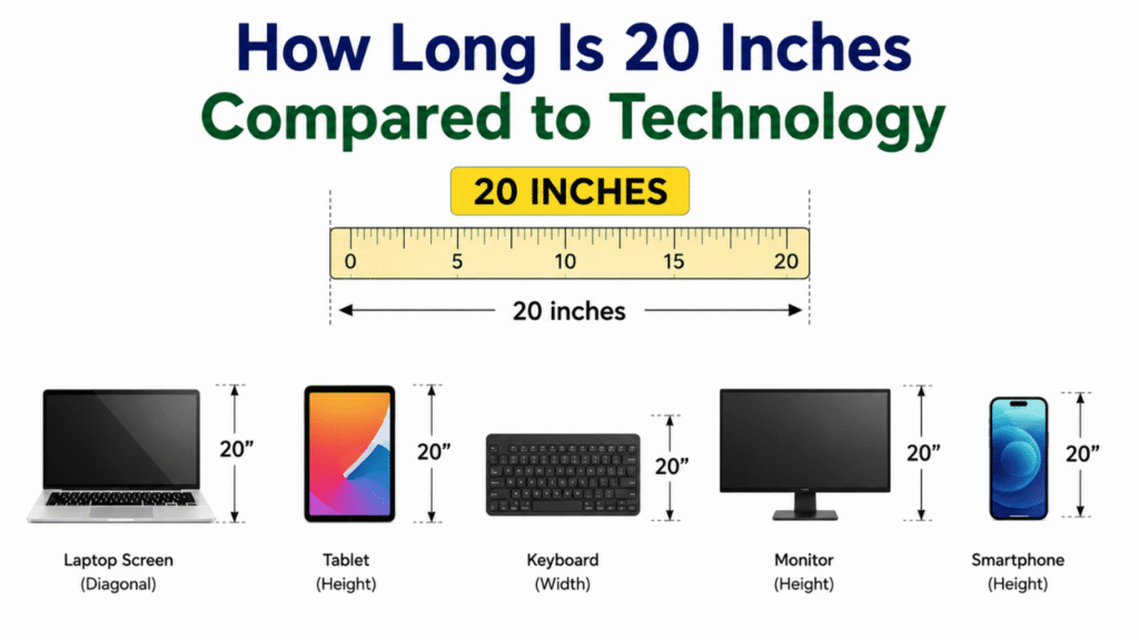 20-inch length comparison with common technology devices, including a smartphone, tablet, laptop, monitor, and smartwatch.