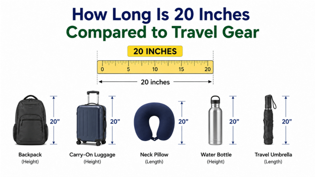 20-inch comparison with travel gear including a backpack, carry-on suitcase, neck pillow, water bottle, and travel umbrella.