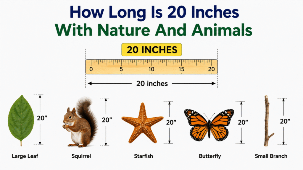 20-inch length comparison with nature and animals, including a large leaf, squirrel, starfish, butterfly, and small branch.