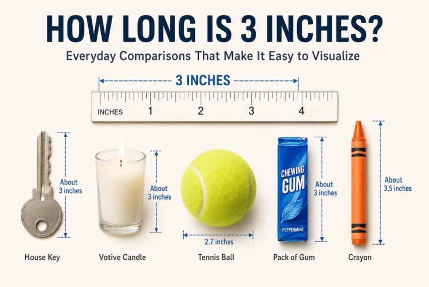 How long is 3 inches? Everyday size comparison with a ruler, house key, votive candle, tennis ball, chewing gum pack, and crayon.