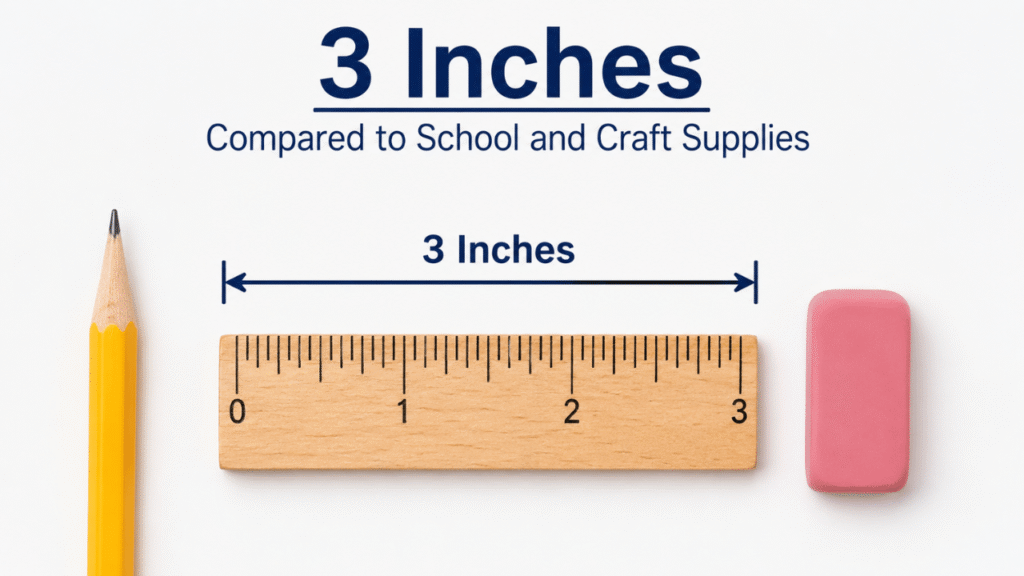 3-inch ruler compared with a pencil and eraser to show the length of 3 inches.