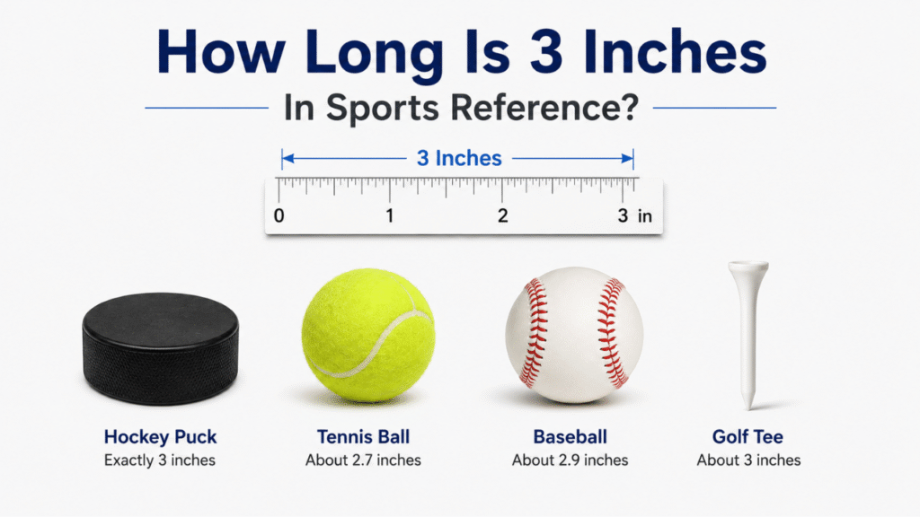 How long is 3 inches? Sports size comparison with a hockey puck, tennis ball, baseball, golf tee, and ruler.