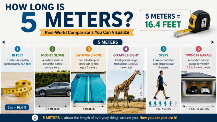Infographic showing how long is 5 meters, with comparisons to 16.4 feet, a midsize sedan, two swimming pool lanes, a giraffe, 5–7 walking steps, and a two-car garage.