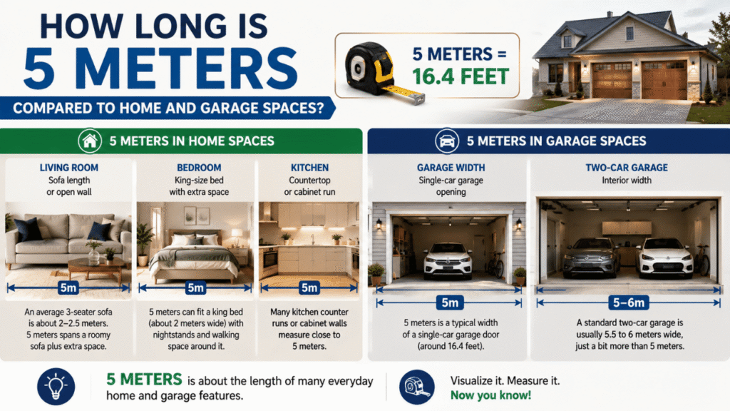 Infographic showing how 5 meters compares to home and garage spaces, including living rooms, bedrooms, kitchens, single-car garages, and two-car garages.